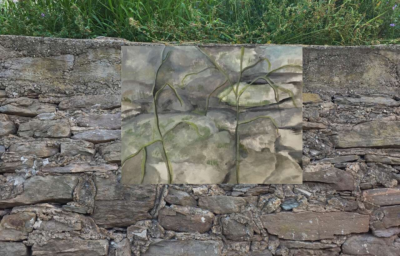 “Muro”  Acuarela 18 x 22, 5 cm.   Fotografía impresa sobre papel vegetal + Acuarela sobre papel   2018-2021