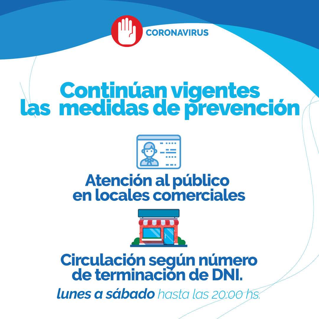 Continúan vigente las medidas de prevención en locales comerciales y circulación según numero de dni.